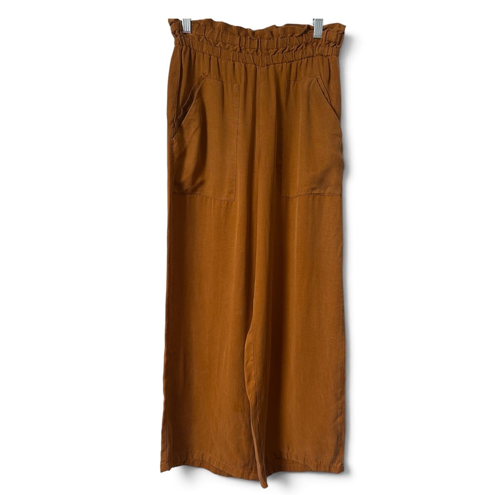 ZARA Tobacco Brown Wide Leg Paperbag Waist Cropped Pants High Rise Patch S
